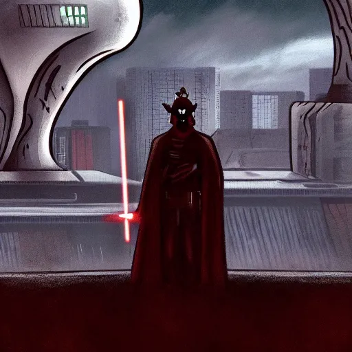 Image similar to Darth Maul overlooking coruscant, artwork by tim burton