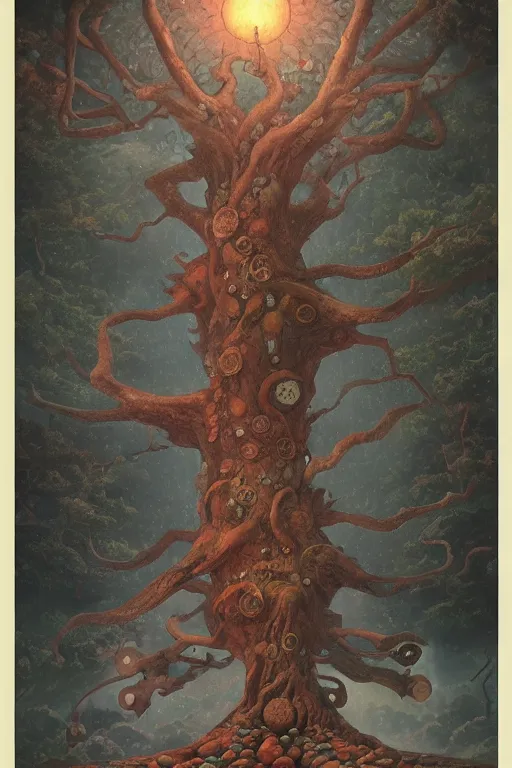 Prompt: Yggdrasil the tree of life by Shaun Tan and Hiroshi Yoshida, trending on artstation