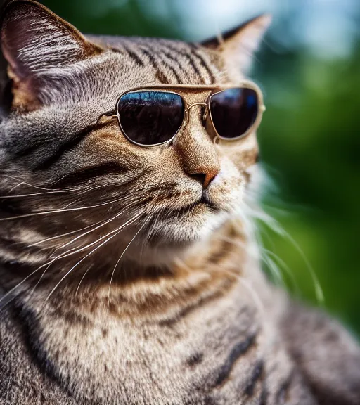 Image similar to award winning 5 5 mm close up portrait color photo of an admiral cat in full military outfit and aviators, in a park by luis royo. soft light. sony a 7 r iv