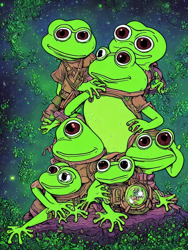 Prompt: high resolution 4k a decent into wonderous blasphemy a longing of prolonged madness pepe frog family together happy bioluminescent moss worlds of love and joy cool galactic color background made in abyss design Tony DiTerlizzi dream like storybooks nursery rhymes pepe the frog within a wonderous forest soft and warm ,white birtch , the value of love a clear prismatic pink sky, loss , unnerving , disheartening , love, warm ,Luminism, prismatic , fractals , pepe the frog , art in the style of Tony DiTerlizzi , Francisco de Goya and Akihito Tsukushi and Gustave dore and Arnold Lobel