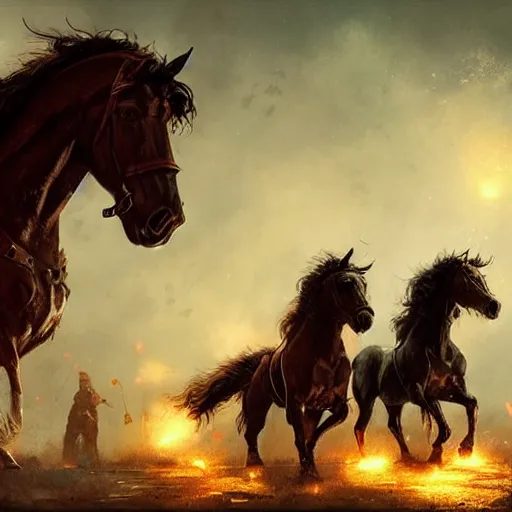 Image similar to the four riders and their horses of the apocalypse, digital Art, Greg rutkowski, Trending artstation, cinematographic, hyperrealistic