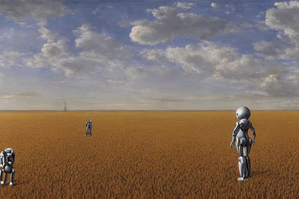Prompt: sci-fi painting of a large alien city on the vast wheat fields, the closed back view of one humanoid robot on the ground, by Gustave Baumann, godrays, detailed