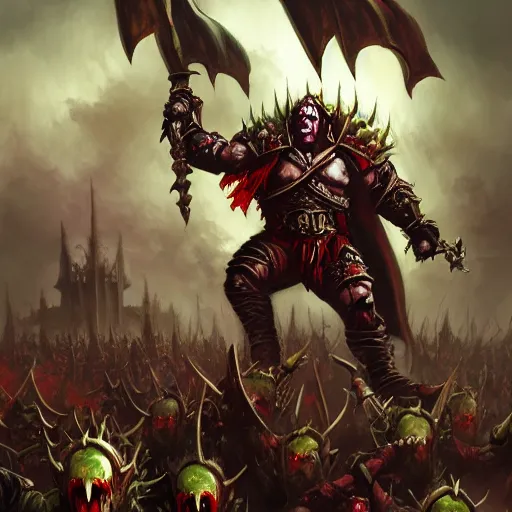 Image similar to Vampire counts fight Ogre kingdoms, warhammer fantasy, high fantasy, detailed, artstation, oil painting, illustration