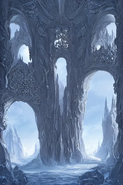 Prompt: massive ornate gateway set in a dreamy beautiful fantasy landscape. The gateway leads to a frozen realm which is visible through the gateway. Noah Bradley. Zaha Hadid. Digital art. Very detailed. Trending on artstation.