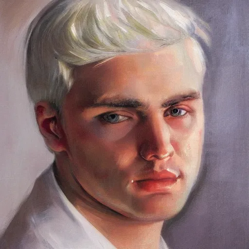 Prompt: close-up oil portrait of young man with white hair, wearing an earring, in white shirt, realistic, by Orest Kiprensky