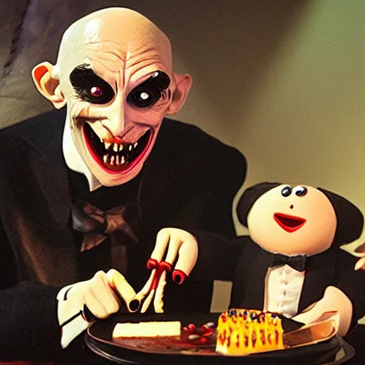 Prompt: overjoyed count orlok celebrating his birthday with monstrous friends