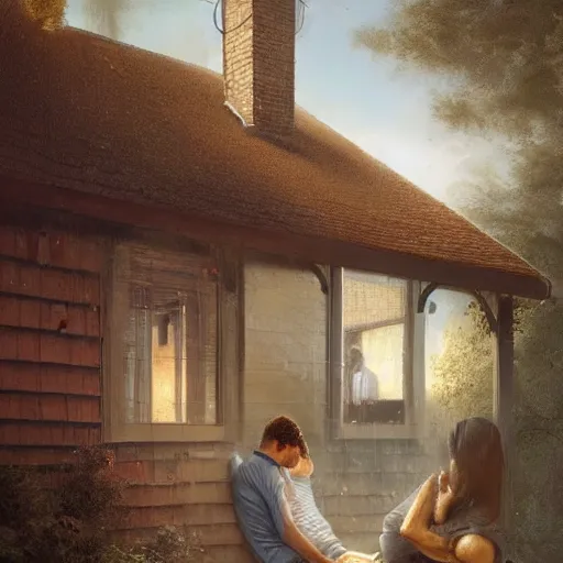 Image similar to a guy is leaving is home with luggage and sad angry mood, his wife is kissing another man under the porch of the house, highly detailed,, artstation hd, deviantart, by madgwick,, greg rutkowski, artgerm