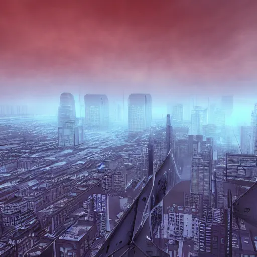 Image similar to a photorealistic image of terror in the skies, volumetric fog, cityscape, wide angle