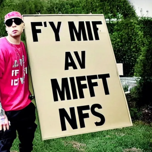 Image similar to eminem with a sign saying i love nfts