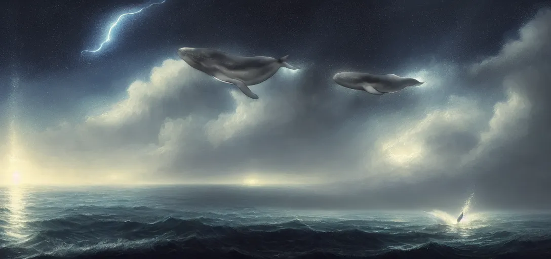 Image similar to a lonely whale flying above the sea, cosmic starry sky, concept art, trending on artstation, soft lightning by andreas achenbach, artgerm, mikko lagerstedt, zack snyder, tokujin yoshioka