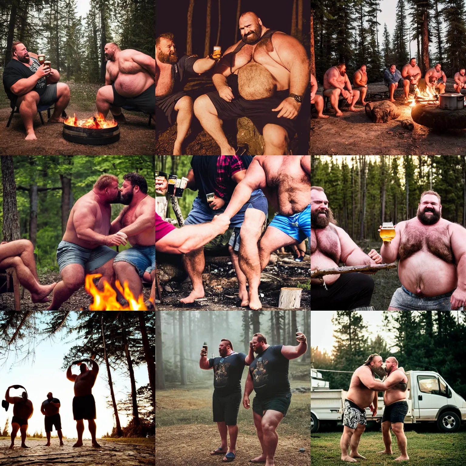 Prompt: big burly strongmen drinking beer and kissing in front of a campfire, dad energy, flip flops, shorts, summer dusk, photography