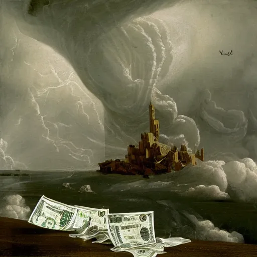 Image similar to dollar bills swirling in a tornado, dollar bills in the wind, raining dollar bills from the clouds in the background by Ansel Adams and Bernardo Bellotto, oil on canvas, artstation, dramatic scenery, masterpiece, aesthetic