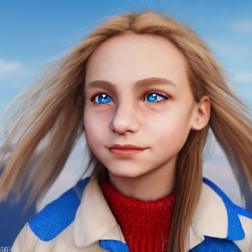 Image similar to a little portuguese girl with white - fair!!!!! skin, dirty blonde hair and blue eyes, wearing a disney land coat and blue jeans, 4 k, 8 k, photorealistic facial features