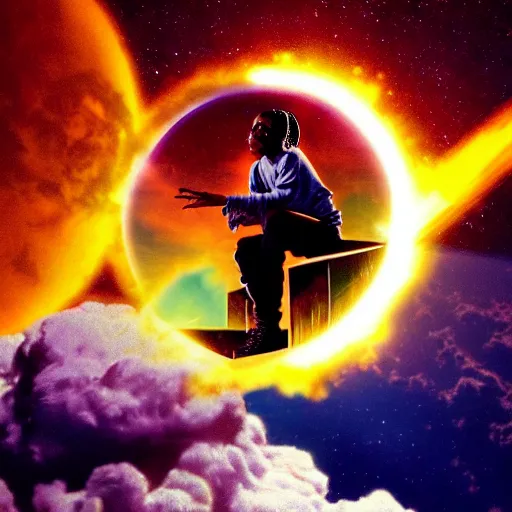 Image similar to Travis Scott sitting on a cloud over Earth, 4k, Aubrey Powell, vintage photo, lens flare, beautiful cinematography, surreal, film grain