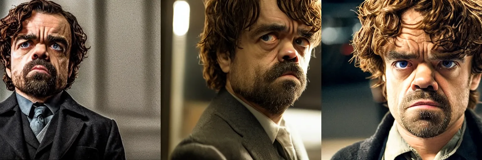 Prompt: close-up of Pete Dinklage as a detective in a movie directed by Christopher Nolan, movie still frame, promotional image, imax 70 mm footage