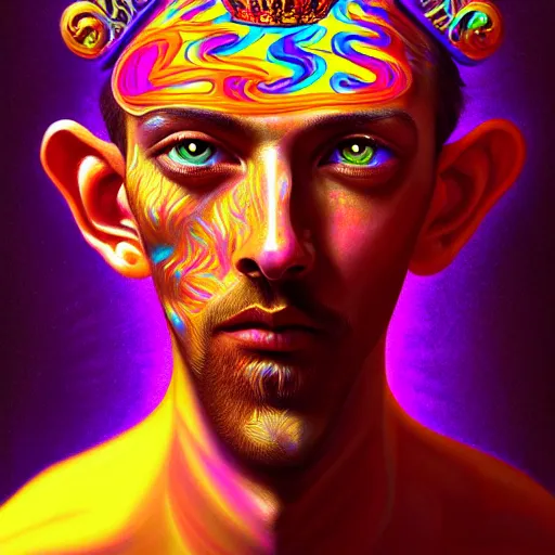 Image similar to An extremely psychedelic portrait of a King, surreal, LSD, face, detailed, intricate, elegant, lithe, highly detailed, digital painting, artstation, concept art, smooth, sharp focus, illustration