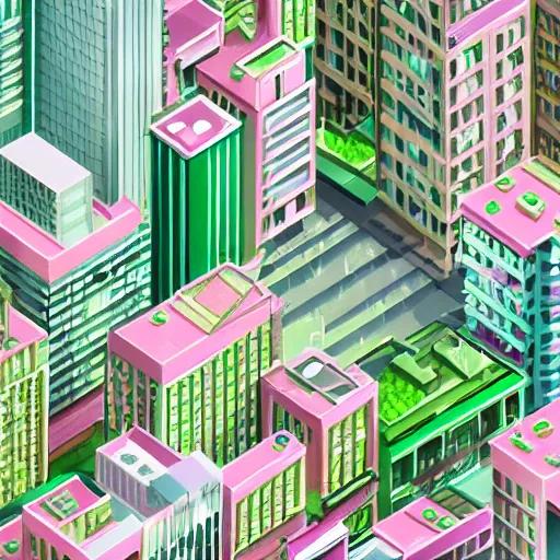 Image similar to isometric illustration of a dense urban city, lots of tall buildings and trees, pastel green and pastel pink colors, fun, soft, highly detailed, 3d render, playful, sharp lines, toon shader