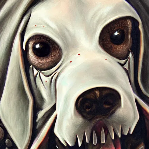 Image similar to scp horror nightmare dog, schizophrenia gothic nightmare dog with incredibly sharp teeth. highly detailed portrait, stylized oil painting, trending on artstation