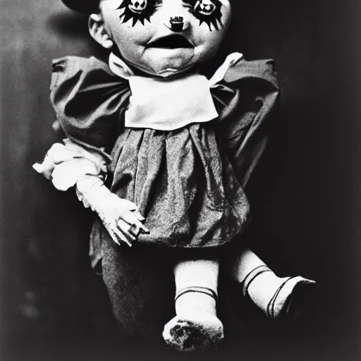 Image similar to clown ventriloquist doll smiling, ventriloquist dummy, photo, surrealistic, creepy, dark, epic, cinematic, style of atget, detailed