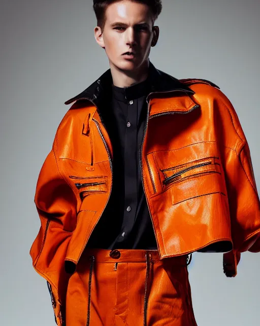 Prompt: a fashion editorial photo of a orange extremely baggy short ancient medieval designer menswear leather jacket with an oversized collar and baggy bootcut trousers designed by alexander mcqueen, 4 k, studio lighting, wide angle lens
