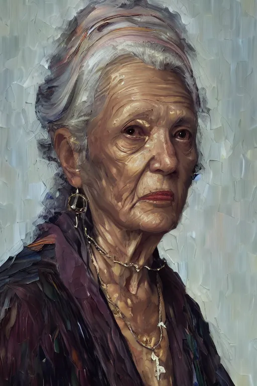 Prompt: palette knife oil painting portrait of ariadne, a mysterious spiritual guide who is a chain smoking old lady in an ashen trench coat. extreme detail, any racial background, artstation trending, artgerm, deviant art, octane, substance, art history 8 k