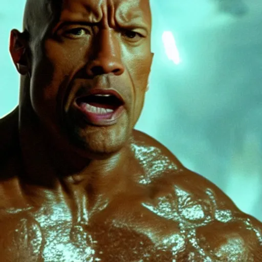 Prompt: film still of a cyborg dwayne johnson giving a thumbs - up while going inside a molten metal pool in terminator 2 1 9 9 1, epic, volumetric lighting, hd, 8 k