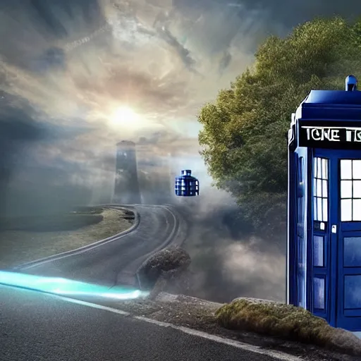 Image similar to the Tardis from Dr.Who crashing in the DeLorean from back to the future in a time tunnel 8k hyperdetailed photorealism