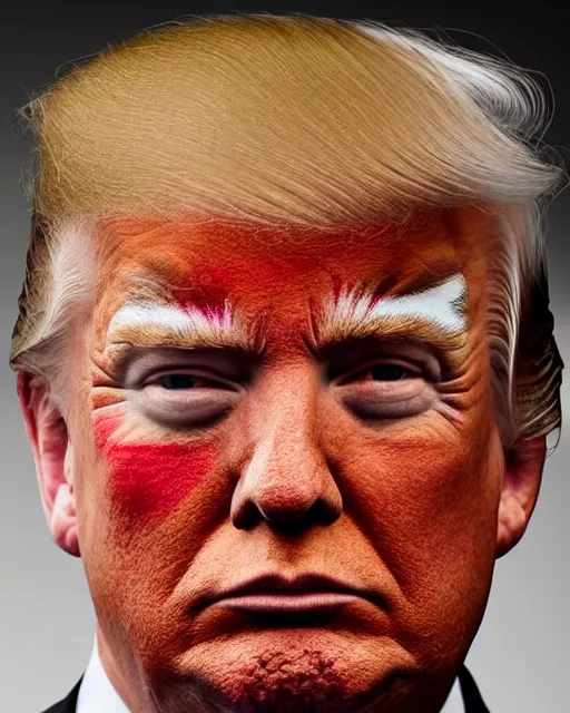 Prompt: a medium shot portrait photograph of donald trump wearing ancient tribal face paint, dslr photography