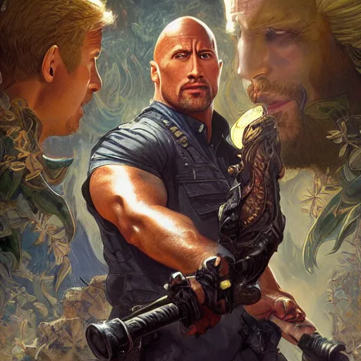 Image similar to Dwayne Johnson and Ryan Gosling Save the World, fantasy, intricate, elegant, highly detailed, digital painting, artstation, concept art, smooth, sharp focus, illustration, art by artgerm and greg rutkowski and alphonse mucha