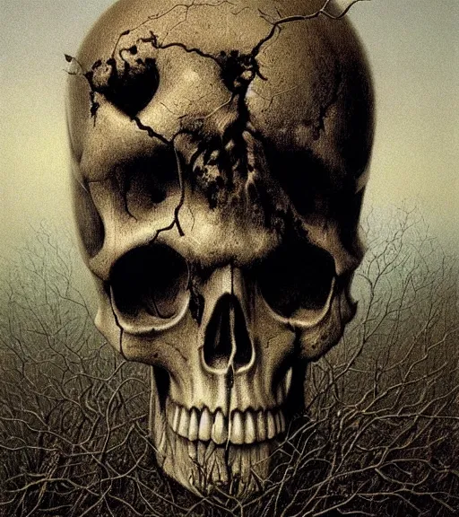 Image similar to skull, ivy, death by zdislaw beksinski