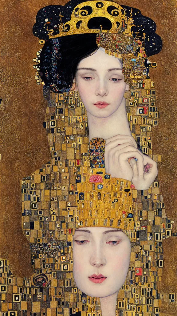 Prompt: a soft and breathtaking detailed painting of a beautiful black haired woman with pale skin and a crown on her head sitted on an intricate metal throne in the style of gustav klimt, blonde hair, shiny gold, elegant, highly detailed, artstation, fluo colors, concept art, matte, sharp focus, art by gustav klimt