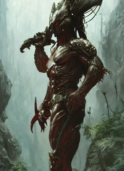 Image similar to The Predator, warrior scene, fantasy, intricate, elegant, highly detailed, digital painting, artstation, concept art, smooth, sharp focus, illustration, fine art by artgerm, greg rutkowski, alphonse mucha