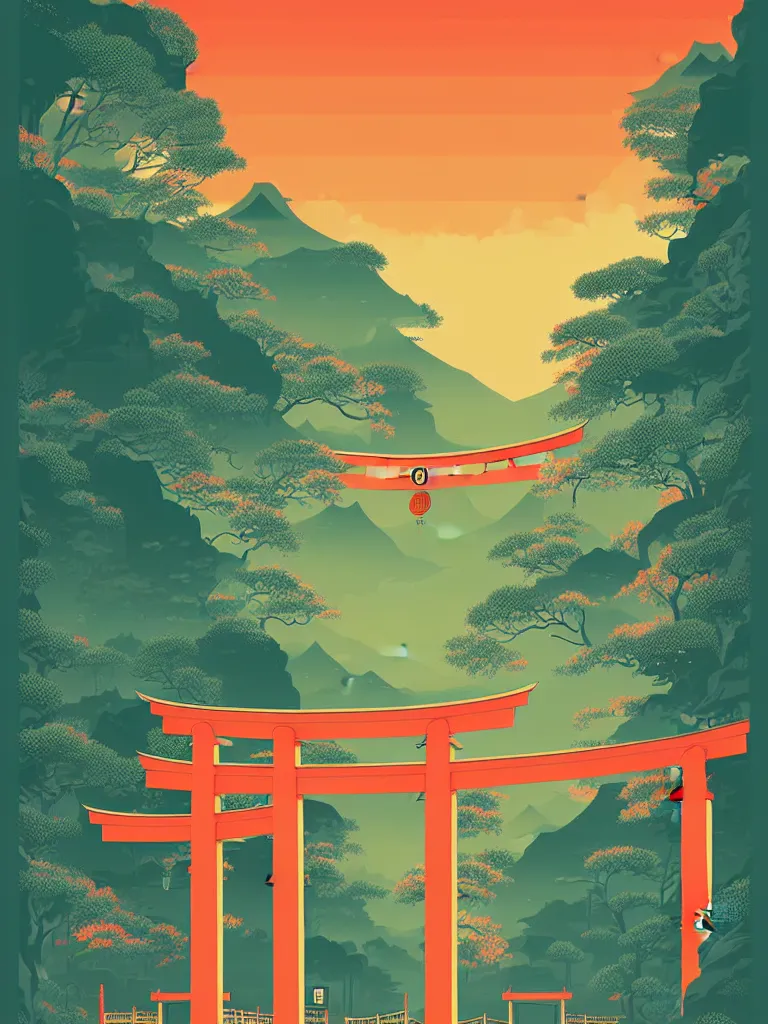 Image similar to a travel poster illustration depicting a japanese torii gate, vintage style, detailed illustration, digital painting, vector art, trending on artstration, by anton fadeev, by alena aenami