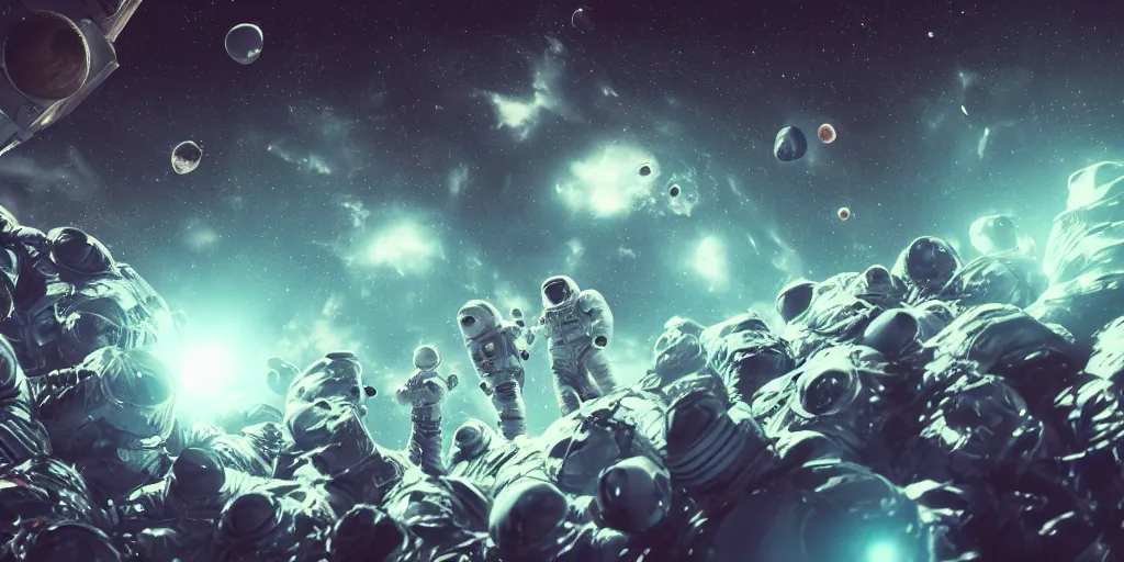 Image similar to a product picture of hundreds of astronauts in a cosmic space, photographic filter, unreal engine 5, realistic, hyperdetailed, 8 k, cinematic, volumetric lighting, very realistic effect, hd, hdr, 4 k, sharp focus, octane render, ultra detailed, high resolution, trending on artstation in the style of albert dros glowing rich colors powerful imagery