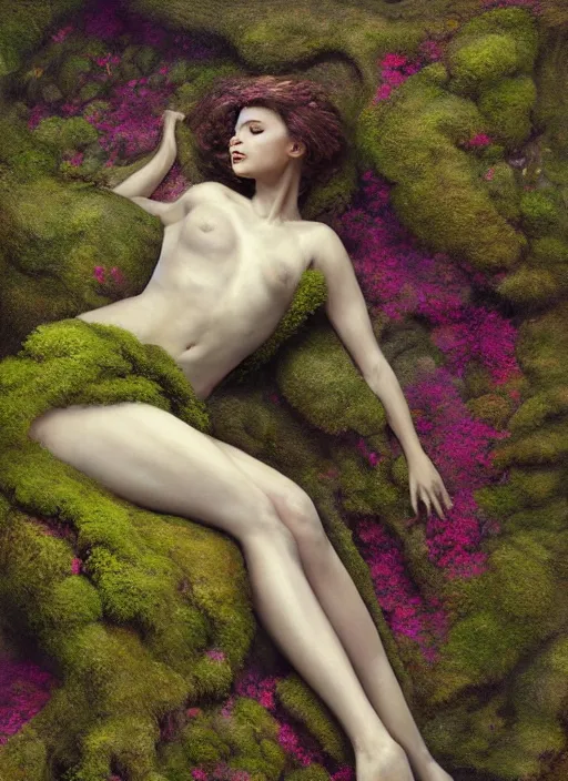 Prompt: digital _ painting _ of _ a woman on a bed of moss and flowers _ by _ filipe _ pagliuso _ and _ justin _ gerard _ symmetric _ fantasy _ highly _ detailed _ realistic _ intricate _ port