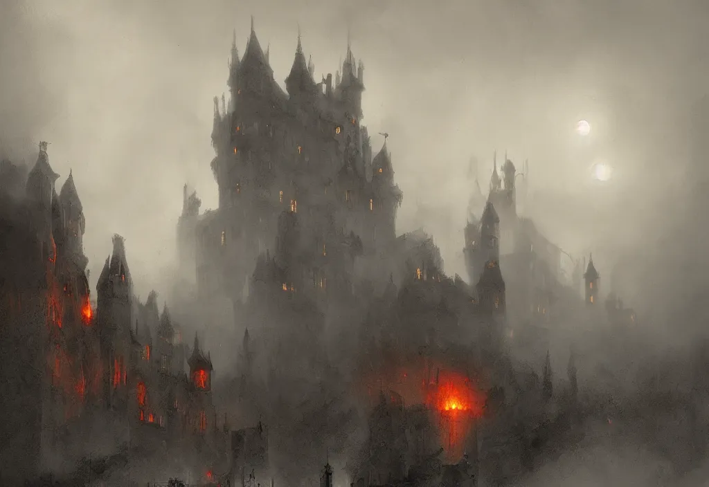 Image similar to a castle on fire, night, foggy, gloomy, mysterious, artstation, jakub rozalski, high detail