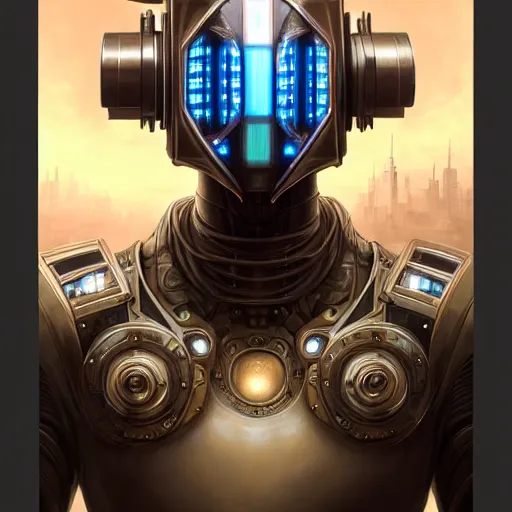 Image similar to front shot of a cyberpunk gazmask robot character, intricate, elegant, highly detailed, centered, digital painting, artstation, concept art, smooth, sharp focus, illustration, artgerm, Tomasz Alen Kopera, Peter Mohrbacher, donato giancola, Joseph Christian Leyendecker, WLOP, Boris Vallejo