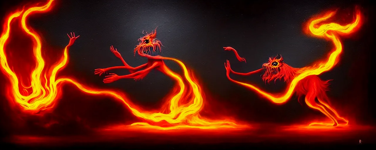 Image similar to whimsical fiery alchemical creatures, surreal dark uncanny painting by ronny khalil