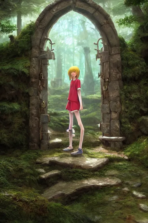 Image similar to a highly detailed matte painting of a teenager with shaggy hair and hip clothes standing in front of a stone gate in the elven forest ruins, by studio ghibli, by artgerm, by wlop, by greg rutkowski, red tones, volumetric lighting, octane render, 4 k resolution, trending on artstation, masterpiece