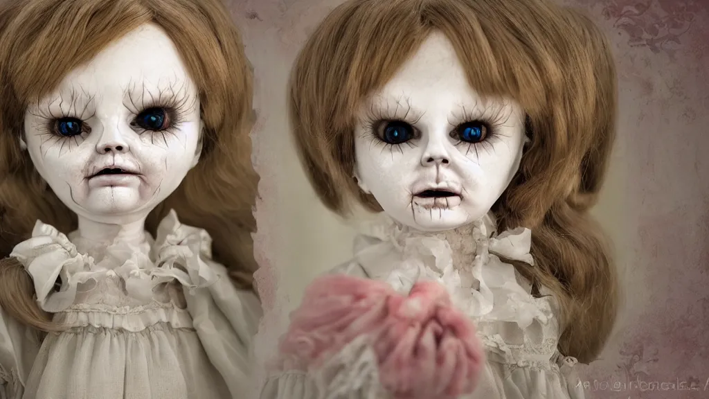 Prompt: annabelle character design a porcelain dolls demon, detailed creepy face and eyes, fairy box background