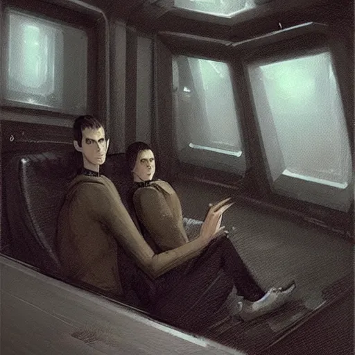 Image similar to concept art by greg rutkowski, a very tall, and slender man with messy black hair, wearing a beige and black sweater, sitting in the spaceship command bridge, brutalist futuristic interior, dark lighting atmosphere, detailed portraits, nostalgic atmosphere, scifi, digital painting, artstation, concept art, smooth, sharp foccus ilustration, artstation hq