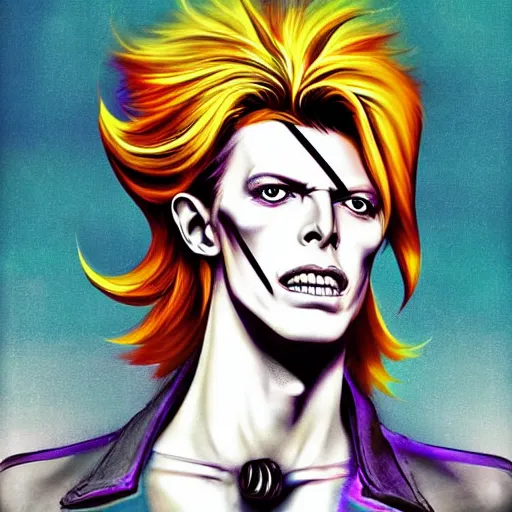 Prompt: handsome portrait of a david bowie posing, radiant light, caustics, war hero, style of vento aureo cover art, style of stone ocean cover art, style of steel ball run cover art, ilya kuvishinov style, illustrated by hirohhiko araki