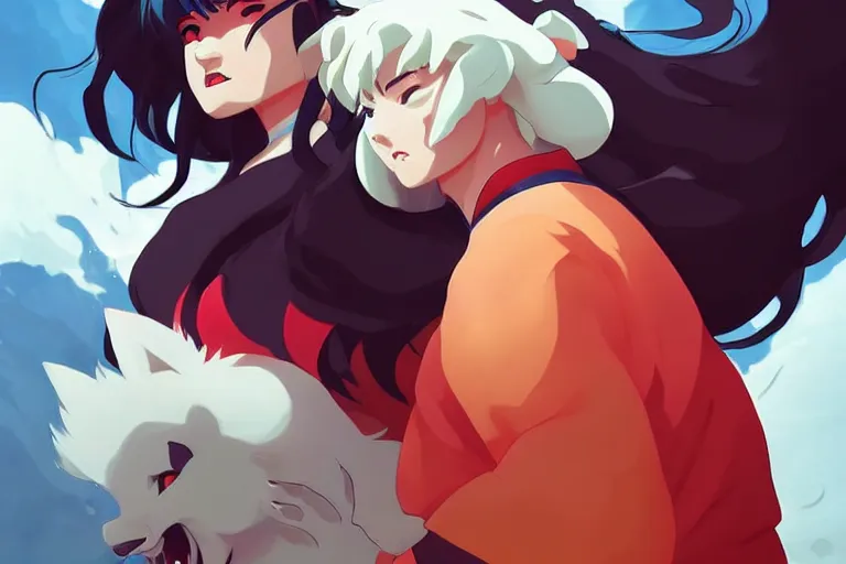 Prompt: inuyasha, glorious, in the style of artgerm and charlie bowater and atey ghailan and mike mignola, epic lighting, vibrant colors and hard shadows and strong rim light, very coherent, comic cover art, plain background, trending on artstation