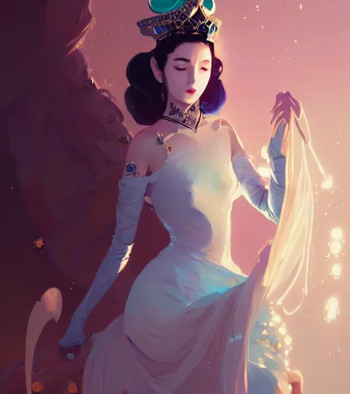 Prompt: portrait of a beautiful female immortal queen in complex and shiny dress 汉 服 by atey ghailan, by greg rutkowski, by greg tocchini, by james gilleard, by joe fenton, by kaethe butcher, dynamic lighting, gradient light blue, brown, blonde cream and white color scheme, grunge aesthetic
