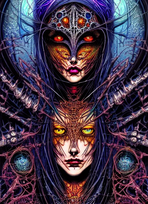 Prompt: detailed image of a creepy women sorceress by Philippe Druillet, rich deep colors. masterpiece . intricate artwork, very coherent symmetrical artwork, cinematic, hyper realism, high detail, octane render, unreal engine, 8k, Vibrant colors, Smooth gradients, High contrast, depth of field. character drawing, clean ink detailed line drawing, intricate detail, extremely detailed.