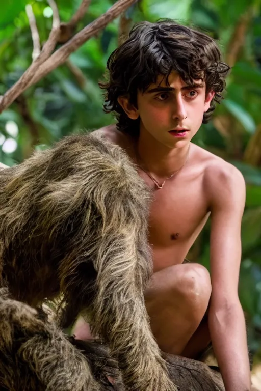 Image similar to timothee chalamet plays mowgli in the live action adaptation of the jungle book, red weapon 8 k s 3 5, cooke anamorphic / i lenses, highly detailed, cinematic lighting