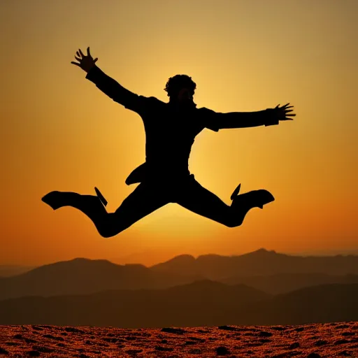 Prompt: cinematic still of silhouette of man in Biblical clothing jumping for joy, beautiful middle eastern landscape with sunrise behind, Biblical epic movie directed by Steven Spielberg