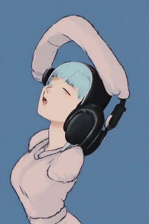 Prompt: a cute young woman listening to music with her eyes closed and wearing headphones by Ilya Kuvshinov, white bob cut hair, freckles, dark thunderclouds in the backround, blue filter, blue and white, vivid colors, soft lighting, cinematic, moody, nier automata, poster, oil on canvas, influenced by Range Murata and Krenz Cushart, 8k
