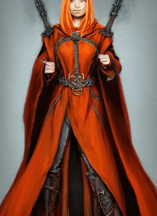 Prompt: dark orange cloak female priest, ultra detailed fantasy, dndbeyond, bright, colourful, realistic, dnd character portrait, full body, pathfinder, pinterest, art by ralph horsley, dnd, rpg, lotr game design fanart by concept art, behance hd, artstation, deviantart, hdr render in unreal engine 5