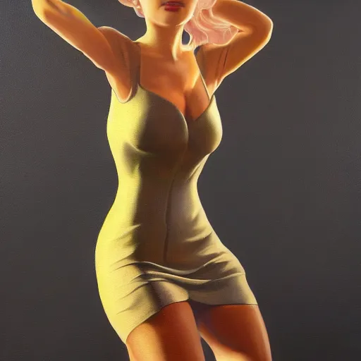 Image similar to a painting of a female in skintight dress. by randolph hewton and edward robert hughes. trending on artstation, highly detailed, volumetric lightning, cinematic lightning